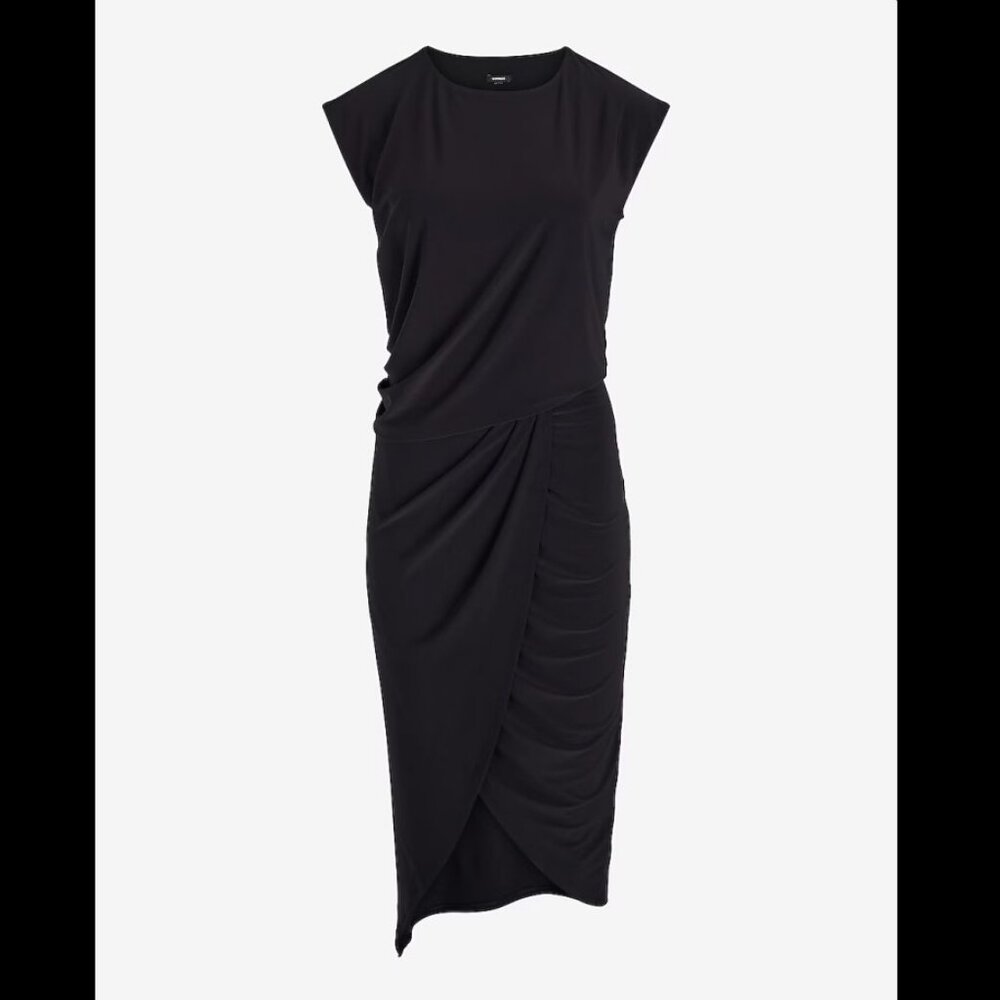 NEW Express Ruched Draped Midi Sheath Dress, XS, Black